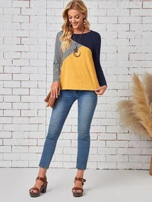 EMERY ROSE Camiseta con estampado de rayas de color combinado - Amarillo - Ver 5