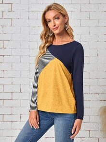 EMERY ROSE Camiseta con estampado de rayas de color combinado - Amarillo - Ver 4