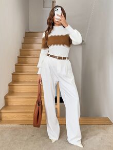 SHEIN LUNE Turtleneck Lantern Sleeve Color Block Patchwork Casual Work Wear Sweater For Women,Long Sleeve Tops In Fall/Winter - White - View 4
