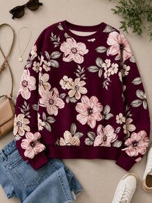 SHEIN LUNE ملابس علوية وردية زهرية زرقاء فاتحة بأكتاف منسدلة،أكمام طويلة في الخريف/,كاجوال كوتاج كور رومانسية نزهة غداء - عنابي اللون - مشاهدة 6