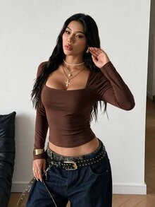 SHEIN HypeZone Women's Cropped Fuzzy Long Sleeve Sports T-Shirt - Brown - View 7