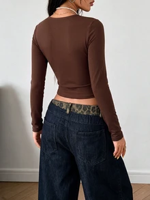 SHEIN HypeZone Women's Cropped Fuzzy Long Sleeve Sports T-Shirt - Brown - View 5