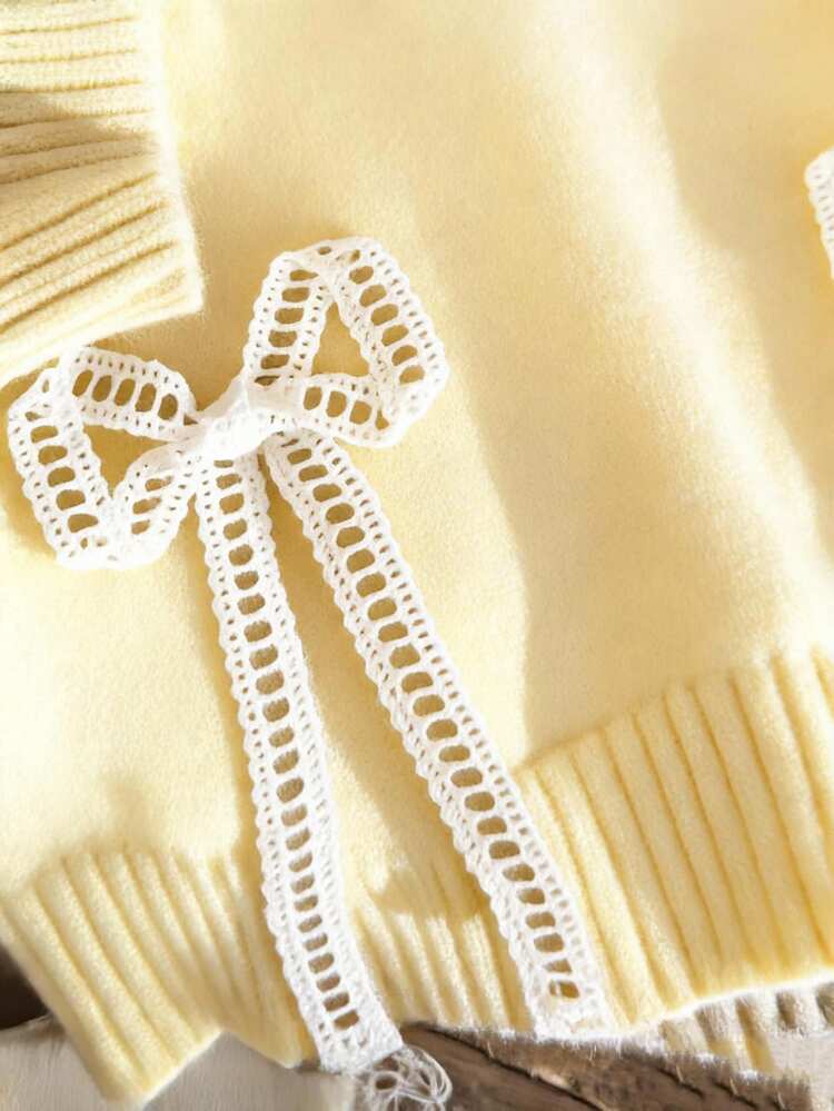 Genkimix Kids Autumn/Winter Girls' Minimalist Knitted Sweater Top, Split Hem + Bow Decor Design, Simple And Elegant Children's Round Neck Pullover Sweater, Suitable For Daily Outings, Play, Sports And Casual Wear - Yellow - View 4