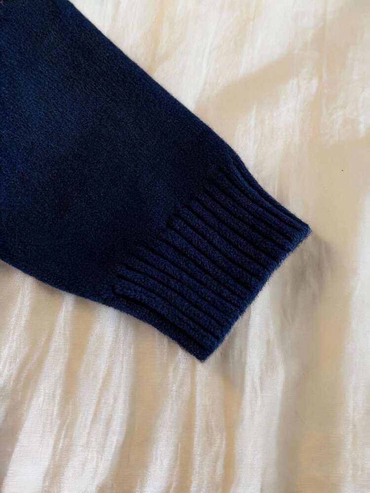 SHEIN Fall Girls' Simple Knit Sweater Top, Split Hem + Bow Decoration Design, Minimalist Baby Elegant Children's Crew Neck Pullover Matching Mommy Daughter - Navy Blue - View 5