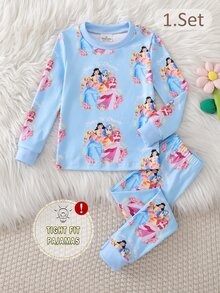 2pcs/Set Young Girls Pajamas Cute Princess Print Long Sleeve Long Pants Knit Snug Fit Sleepwear Loungewear Set - Blue - View 4