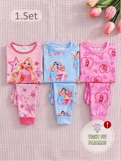 2pcs/Set Young Girls Pajamas Cute Princess Print Long Sleeve Long Pants Knit Snug Fit Sleepwear Loungewear Set
