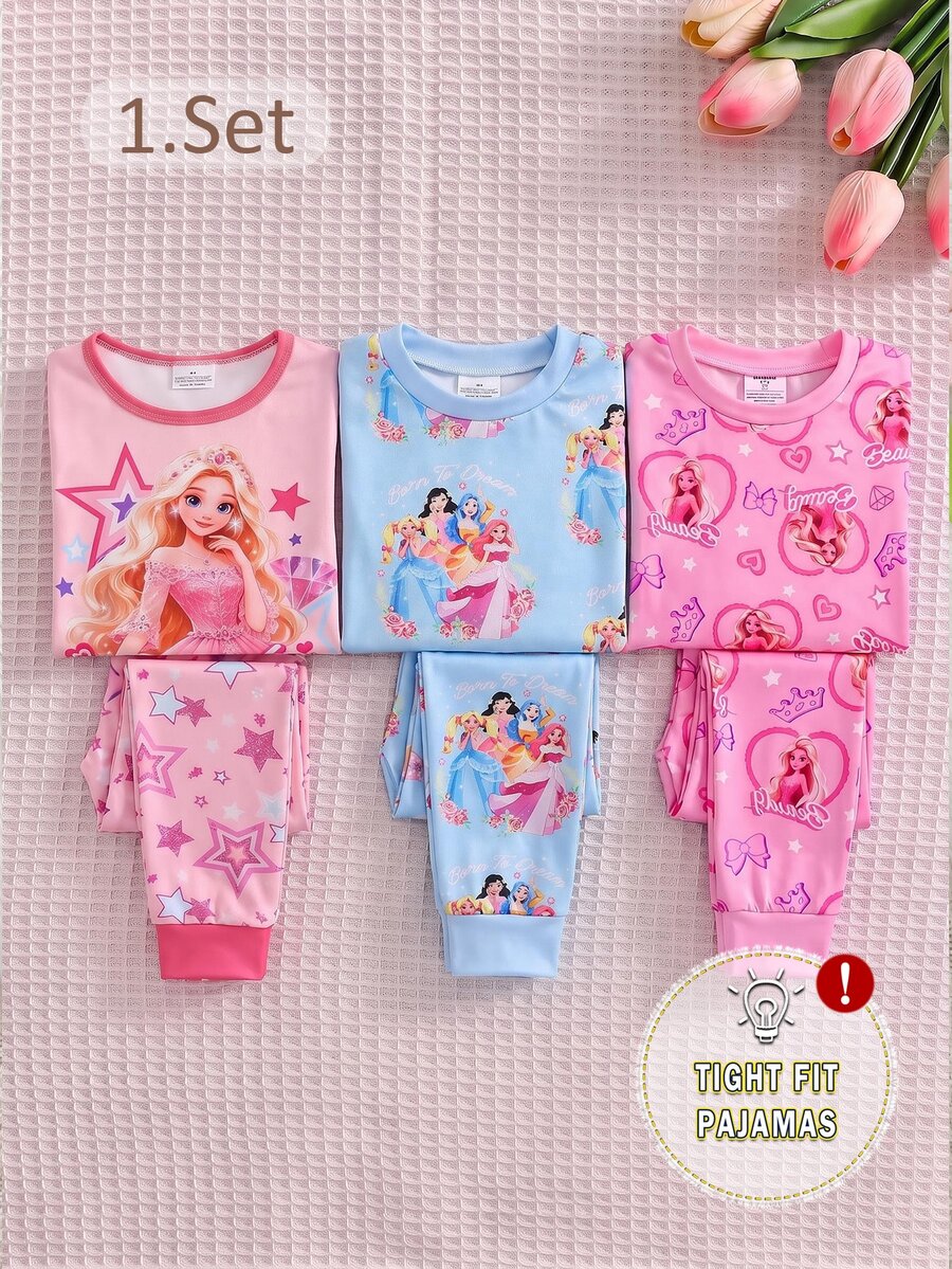2pcs/Set Young Girls Pajamas Cute Princess Print Long Sleeve Long Pants Knit Snug Fit Sleepwear Loungewear Set - Blue - View 1