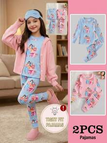 2pcs/Set Young Girls Pajamas Cute Princess Print Long Sleeve Long Pants Knit Snug Fit Sleepwear Loungewear Set - Blue - View 5