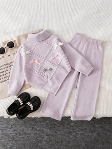 SHEIN Vintaside Kids 女童休閒時尚可愛蝴蝶結尖擺高領針織毛衣＋針織寬腿褲 2件套，柔軟舒適，適合日常外出、旅行度假、托兒所、玩耍、聖誕節 - 淡紫色 - 查看 3
