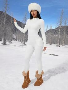 SHEIN PETITE Fleece-Lined, Thickened, Form-Fitting Bodysuit For Petite Women-Suitable For Autumn And Winter. - White - View 6