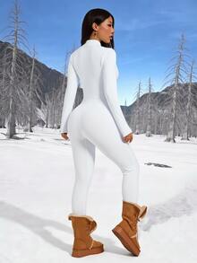 SHEIN PETITE Fleece-Lined, Thickened, Form-Fitting Bodysuit For Petite Women-Suitable For Autumn And Winter. - White - View 2