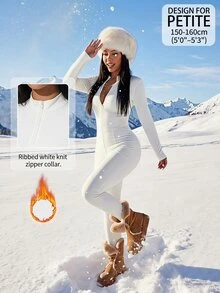 SHEIN PETITE Fleece-Lined, Thickened, Form-Fitting Bodysuit For Petite Women-Suitable For Autumn And Winter. - White - View 4
