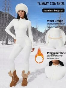 SHEIN PETITE Fleece-Lined, Thickened, Form-Fitting Bodysuit For Petite Women-Suitable For Autumn And Winter. - White - View 1