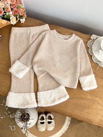 SHEIN 2pcs Toddler Girl Top + Pants Set Cute Sweet Beige Ribbed Knit Fuzzy Cuffs Long Sleeve Round Neck Thick Holiday Winter Fall Solid