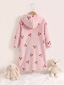SHEIN KidsYoung 女孩秋冬休閒甜美櫻桃印花保暖內裡加厚雙面珊瑚絨連帽長款家居服睡裙 粉色兒童睡衣 - 淺粉色 - 查看 2