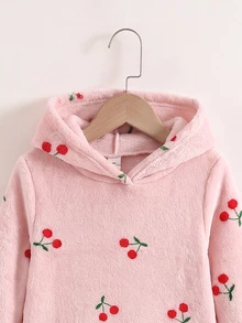SHEIN KidsYoung 女孩秋冬休閒甜美櫻桃印花保暖內裡加厚雙面珊瑚絨連帽長款家居服睡裙 粉色兒童睡衣 - 淺粉色 - 查看 5