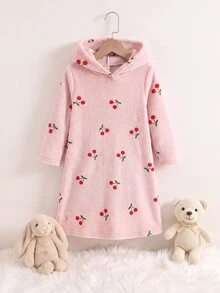 SHEIN KidsYoung 女孩秋冬休閒甜美櫻桃印花保暖內裡加厚雙面珊瑚絨連帽長款家居服睡裙 粉色兒童睡衣 - 淺粉色 - 查看 3