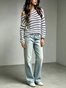 Trelyra Women's Striped Asymmetrical Shoulder Long Sleeve Hollow Out Fitted Sweater - White - View 4
