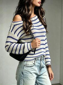 Trelyra Women's Striped Asymmetrical Shoulder Long Sleeve Hollow Out Fitted Sweater - White - View 8
