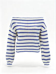 Trelyra Women's Striped Asymmetrical Shoulder Long Sleeve Hollow Out Fitted Sweater - White - View 5