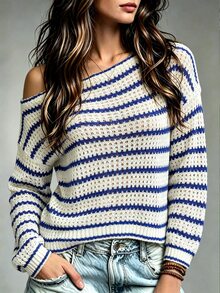 Trelyra Women's Striped Asymmetrical Shoulder Long Sleeve Hollow Out Fitted Sweater - White - View 3