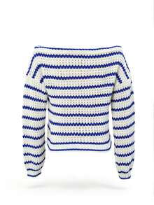 Trelyra Women's Striped Asymmetrical Shoulder Long Sleeve Hollow Out Fitted Sweater - White - View 6
