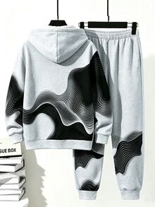 Tween Boys Casual Comfortable Fashion Minimalist Personalized Line Colorblock Print Pattern Contrast Color Casual Style Autumn/Winter Hooded Sweatshirt Set Suitable For Outings And Sports - Multicolor - View 2