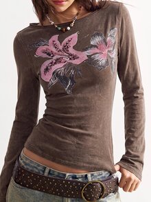 Bohemela 女款花卉印花不對稱肩長袖休閒T恤 - 黑色 - 查看 2