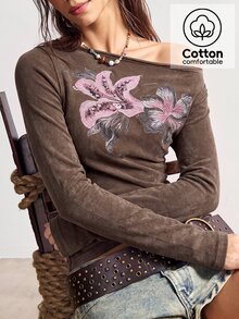 Bohemela 女款花卉印花不對稱肩長袖休閒T恤 - 黑色 - 查看 3
