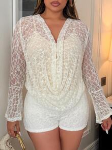 Maria Perezxox Women's Plunging Neck Sheer Flare Sleeve Sexy Romper - White - View 6