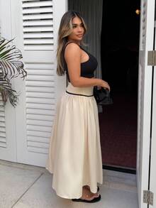 Maria Perezxox 女款米色與黑色夏季優雅早午餐辦公室長裙，高腰對比包邊百褶傘裙，休閒度假風 - 杏色 - 查看 3