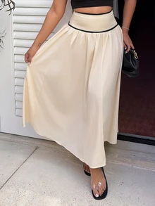Maria Perezxox 女款米色與黑色夏季優雅早午餐辦公室長裙，高腰對比包邊百褶傘裙，休閒度假風 - 杏色 - 查看 6