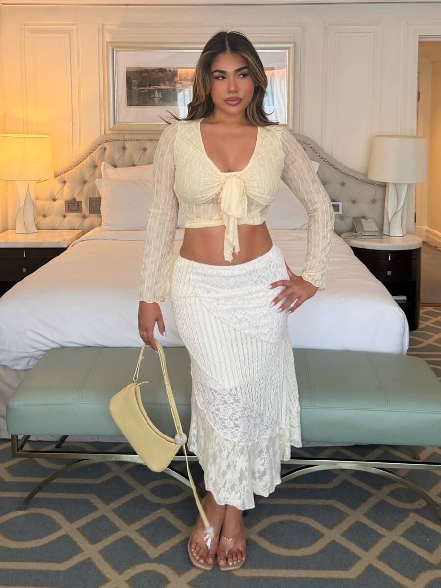 Maria Perezxox Women's Asymmetrical Hem Jacquard Patchwork Design Skirt, Suitable For Spring/Summer Vacation - White - View 1