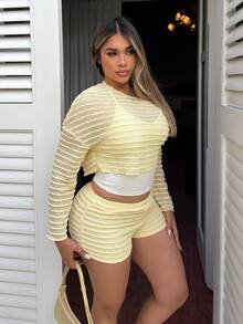 Maria Perezxox 女士度假休闲纯色不对称领上衣和短裤两件套 - 黃色 - 查看 4