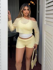 Maria Perezxox 女士度假休闲纯色不对称领上衣和短裤两件套 - 黃色 - 查看 1