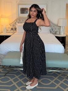 Maria Perezxox 女士优雅无袖法式方领波点收腰长裙 - 黑色 - 查看 3
