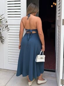 Maria Perezxox Women's Denim Extra Long High Slit Dress - Blue - View 2