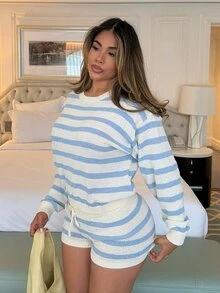 Maria Perezxox 女款 2 件組針織長袖毛衣與短褲套裝，紗染條紋設計，適合夏秋冬，可愛 Y2K 風格度假休閒穿搭 - 彩色 - 查看 5