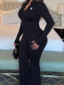 Maria Perezxox 女士黑色立领连体裤，饰有品牌标志，弹性修身设计，前拉链，优雅性感的欧式风格 - 黑色 - 查看 4
