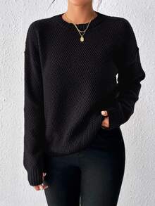 EMERY ROSE Casual Versatile Solid Color Pullover Sweater Knit Pullover Fall Winter - Black - View 6