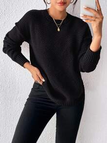 EMERY ROSE Casual Versatile Solid Color Pullover Sweater Knit Pullover Fall Winter - Black - View 3