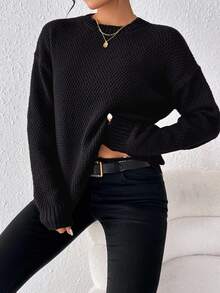 EMERY ROSE Casual Versatile Solid Color Pullover Sweater Knit Pullover Fall Winter - Black - View 5
