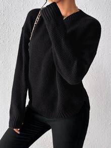 EMERY ROSE Casual Versatile Solid Color Pullover Sweater Knit Pullover Fall Winter - Black - View 4