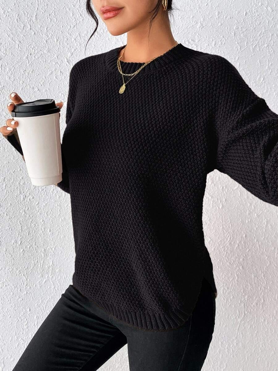 EMERY ROSE Casual Versatile Solid Color Pullover Sweater Knit Pullover Fall Winter - Black - View 1