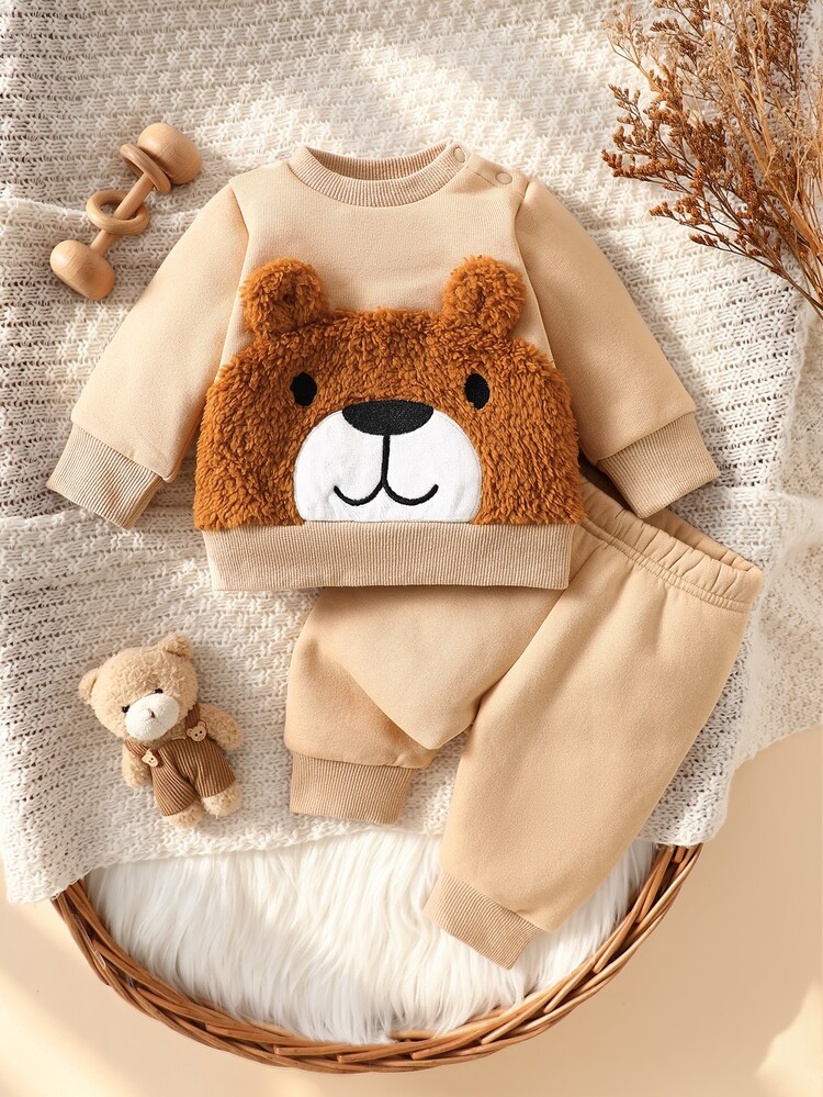 SHEIN 2pcs Newborn Baby Boy Sweatshirt Pants Set Cute Khaki Bear Applique 3D Ears Ribbed Long Sleeve Outdoor Fall Winter Sweaters Pullover Fleece-Lined - Khaki - View 2