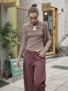 Nöista Striped Knit Top With Keyhole Neckline. Fall Winter, Office, Back To School, Everyday. - Pink - View 4