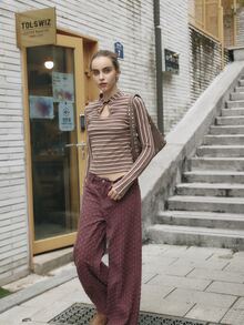 Nöista Striped Knit Top With Keyhole Neckline. Fall Winter, Office, Back To School, Everyday. - Pink - View 1