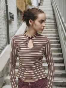Nöista Striped Knit Top With Keyhole Neckline. Fall Winter, Office, Back To School, Everyday. - Pink - View 3