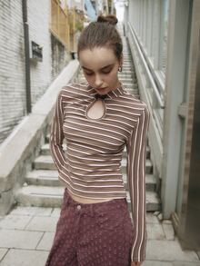 Nöista Striped Knit Top With Keyhole Neckline. Fall Winter, Office, Back To School, Everyday. - Pink - View 5