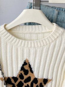 Girls' Autumn/Winter Fashion Five-Point Star Pattern Jacquard Khaki Knit Sweater Long Sleeve Top - White - View 3
